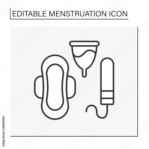  Hygienically product line icon. Tampon, menstrual cup and pods to absorb blood. Menstruation concept. Isolated vector illustration. Editable stroke