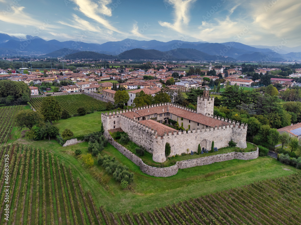 Aerial view of a medieval castle surrounded by vineyards