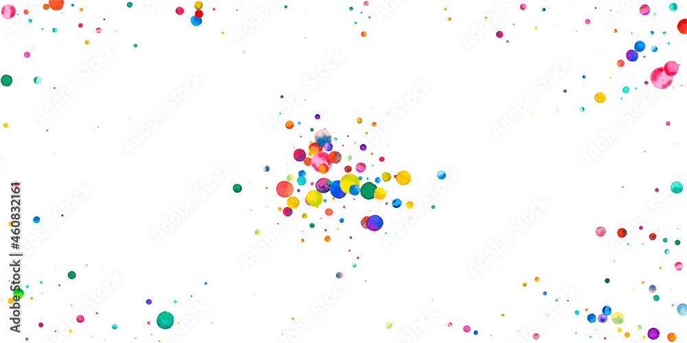 Watercolor confetti on white background. Adorable rainbow colored dots. Happy celebration wide colorful bright card. Captivating hand painted confetti.