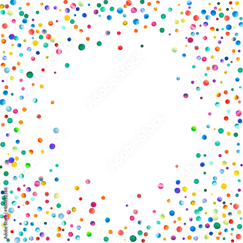 Watercolor confetti on white background. Adorable rainbow colored dots. Happy celebration square colorful bright card. Glamorous hand painted confetti.