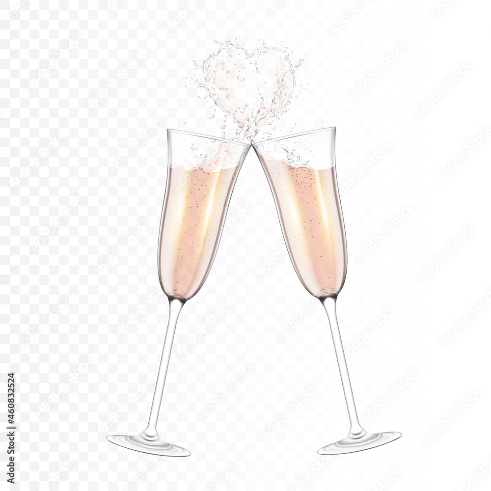 Transparent realistic two glasses of champagne with heart, isolated. Transparent realistic two glasses of champagne with heart, isolated.