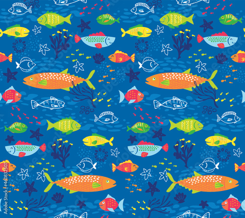 Look at all the pretty little fishes swimming in the ocean. This colorful, vector pattern repeats seamlessly.