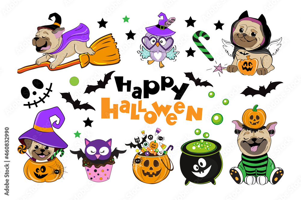 Halloween set with bat, pumpink, owl and dogs in Halloween costume. Vector cartoon illustration on white background isolated