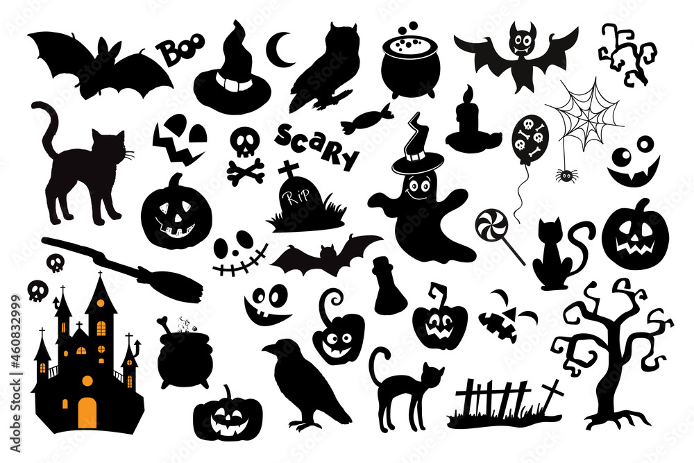 Collection of silhouettes for the day of Halloween. Vector illustration isolated