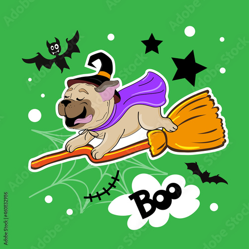 Fototapeta Naklejka Na Ścianę i Meble -  Halloween fashion patch badges with cute cartoon  pug dog flying on a witch's broom. Vector illustration isolated