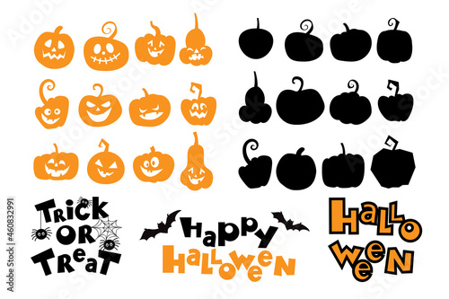 Vector illustration set of pumpkin and lettering halloween on white background isolated