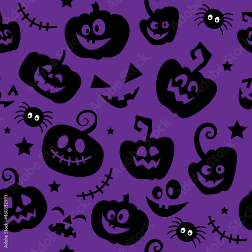 Halloween Pumpkin, funny faces and spider seamless pattern. Vector illustration isolated