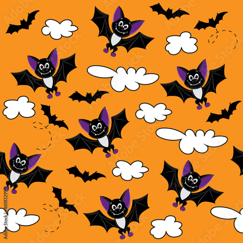 Seamless pattern with funny bat and clouds. Vector cartoon illustration. Drawing for children's clothing, t-shirts, gifts, packaging
