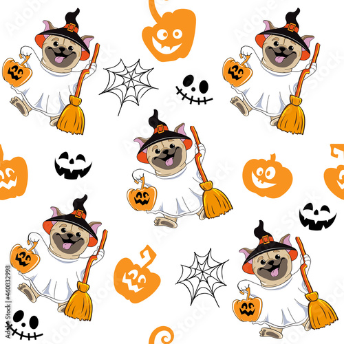 Seamless pattern with pug dog in halloween ghost costume and pumpkin. Vector cartoon illustration. Drawing for children's clothing, t-shirts, gifts, packaging