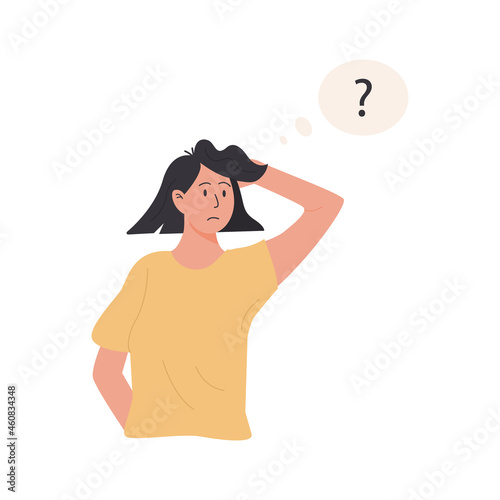 Thinking character. Portrait of thoughtful person with question mark. Young woman solving problem, making decision. Flat style vector illustration.