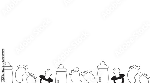 Baby icons in black and white along bottom of frame including bottles, baby feet and pacifiers. White background with copy space. Baby shower.