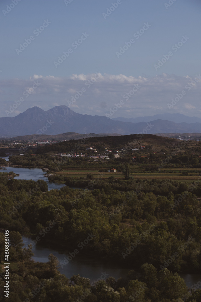 Shkoder, Albania. View hectare city and mountains. Natural landscape. Mountain river