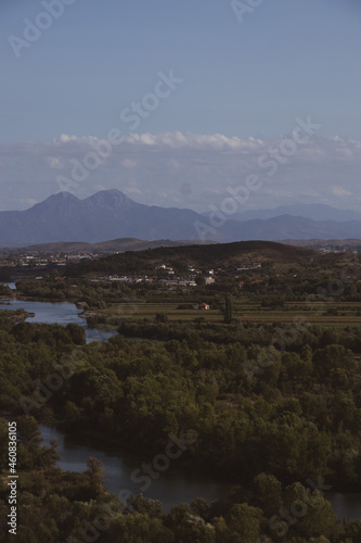 Shkoder, Albania. View hectare city and mountains. Natural landscape. Mountain river