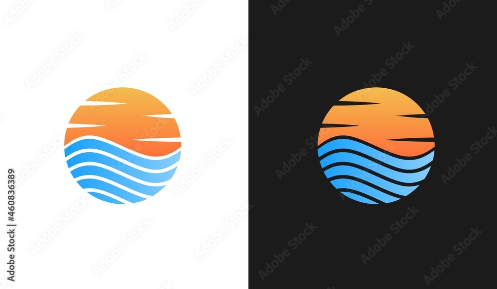 vector sea sun logo design element, sunrise or sunset concept nature icon, isolated on a white and black background
