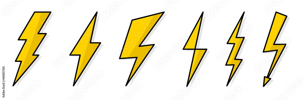 Set of Lightning flat icons. Lightning flash sign. Symbol of energy, thunder, electricity. Fast, power, speed. Electric zipper Bolt with shading and line graphic effects Set of Lightning flat icons. Lightning flash sign. Symbol of energy, thunder, electricity. Fast, power, speed. Electric zipper Bolt with shading and line graphic effects