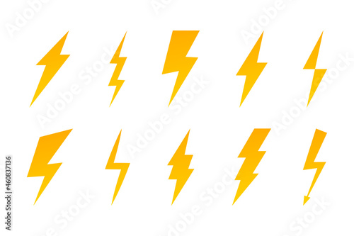 Set of Lightning flat icons. Lightning flash sign. Symbol of energy, thunder, electricity. Fast, power, speed. Electric zipper Bolt with shading and line graphic effects