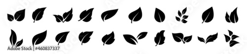 Green leaves icons in flat style for graphic design. Collection with green leaves, environment and nature eco sign. Organic, eco, green product. Ecology nature element vector icon
