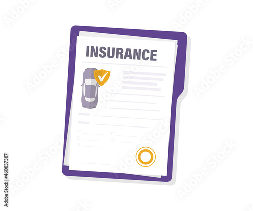 Car insurance. Insurance policy. Protecting car with insurance. Document for obtaining insurance payment and car protection. Car insurance service, protection property. Shield with check mark