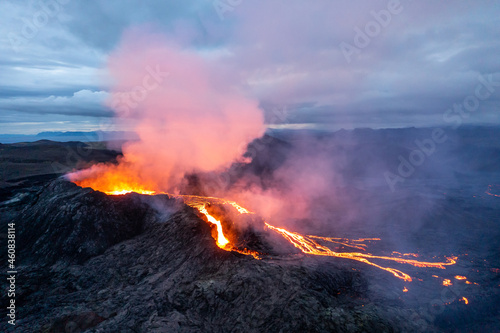 Active volcano aerial view  Mount Fagradalsfjall  Iceland