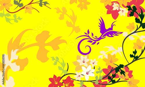 yellow background with flowers and birds