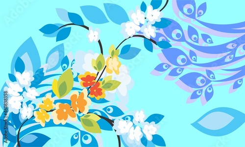 light blue background with floral motif