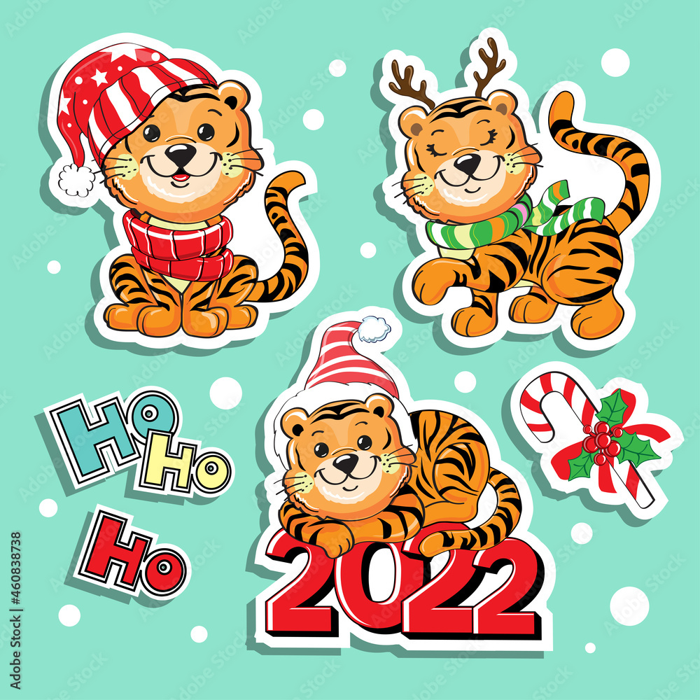 Fototapeta premium Cute cartoon baby tigers in a santa claus hat collection. Vector illustration isolated. T-shirt design. Concept christmas, chinese new year, symbol of 2022. Fashion patch badges