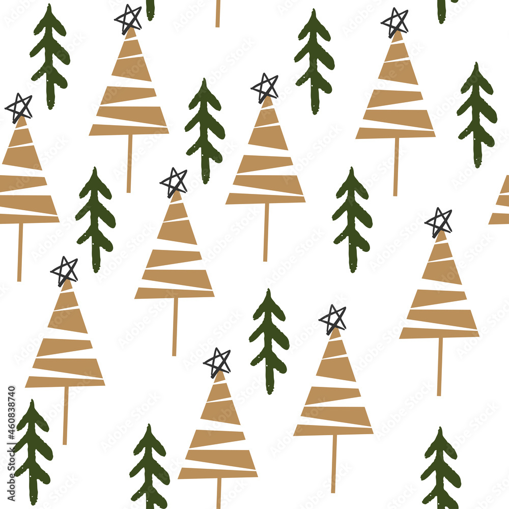 Obraz premium Christmas trees seamless pattern. Vector illustration of doodle style. Symbol of the new year