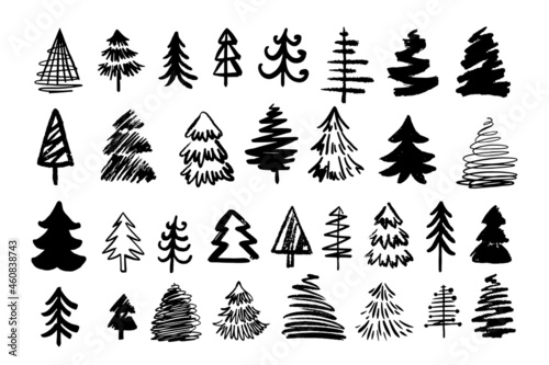 Hand drawn set christmas tree icons. Vector illustration of doodle style