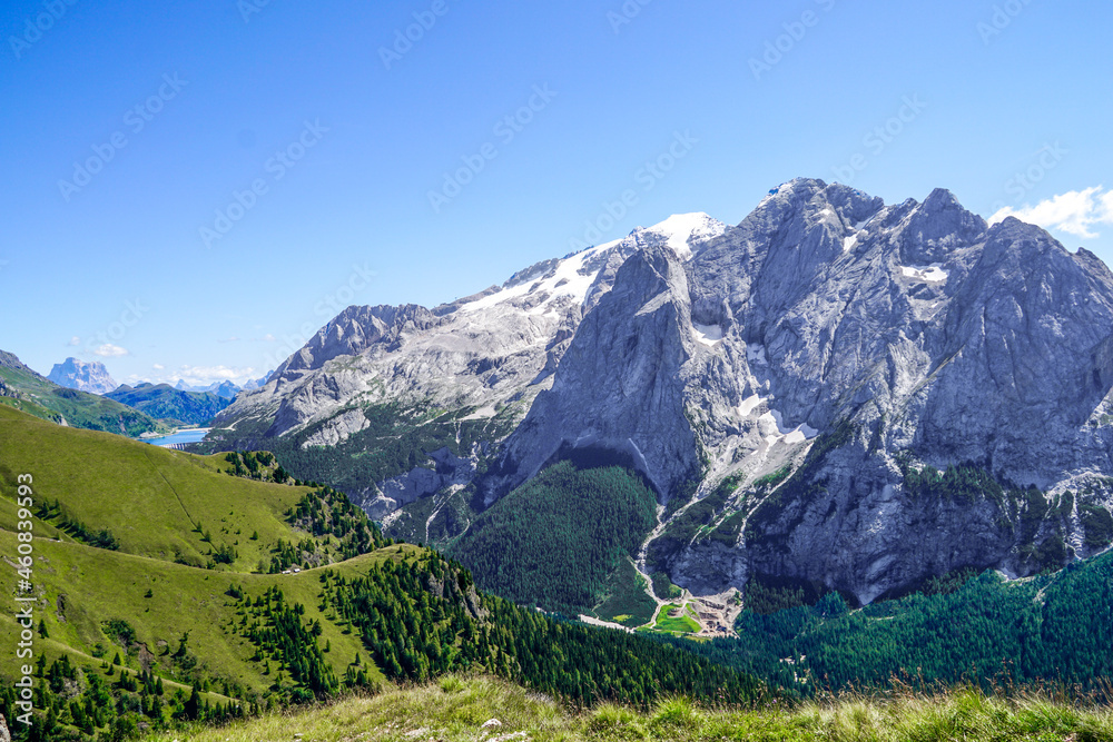 01_ Wide panorama to the Marmolada Massif, Dolomiti, Italy.
