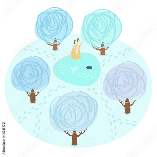 Winter season vector illustration. Five trees around a little pond with a brown reedmace and with trodden paths in winter. Park with small lake in winter season