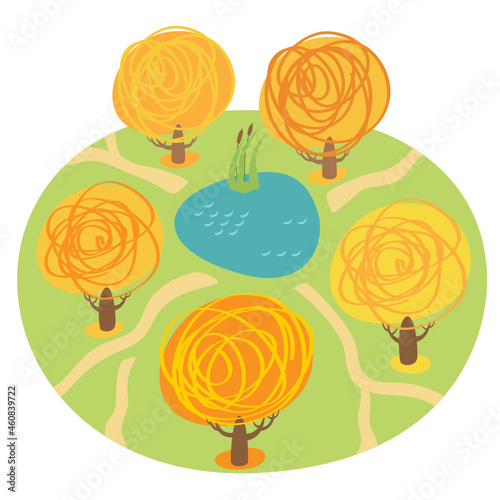 Autumn season vector illustration. Five trees with yellow and orange foliage around a little pond with a brown reedmace and with trodden paths in autumn. Park with small lake in fall season