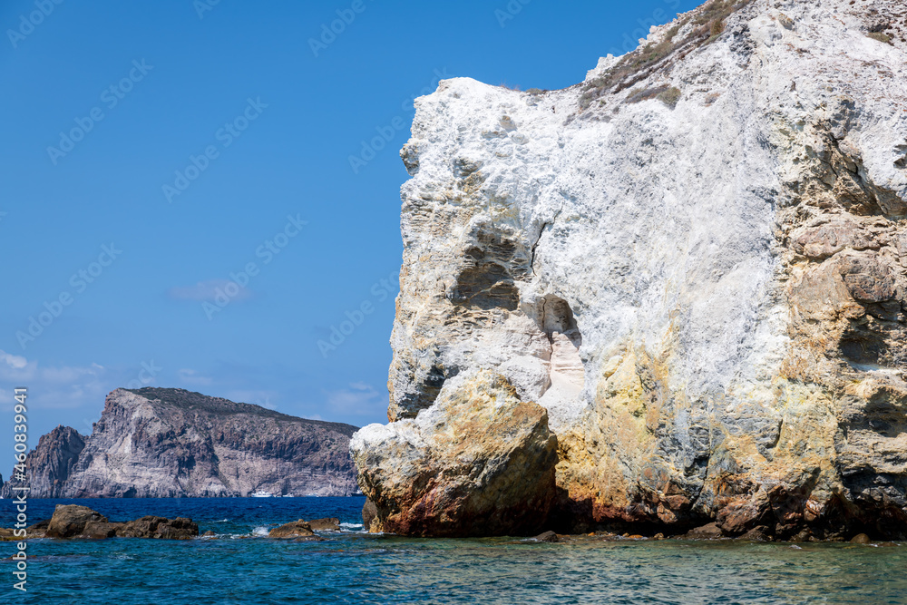 Panarea island (Aeolian archipelago), Lipari, Messina, Sicily, Italy, 08.21.2021: view of the rocky coast of 