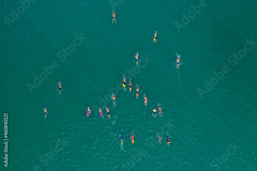 Large group of Swimmers crossing the Sea of Galilee, Aerial view. © STOCKSTUDIO