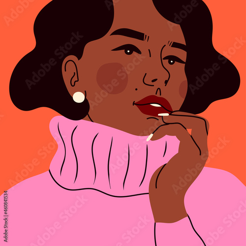 Close up portrait of young woman wearing warm wool Sweater. Beautiful fashion look. Cold winter weather, Cozy clothes concept. Hand drawn trendy Vector illustration. Avatar, poster, print template