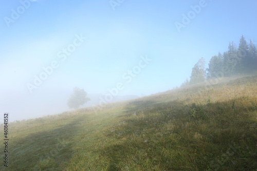 Picturesque view of mountains covered with fog