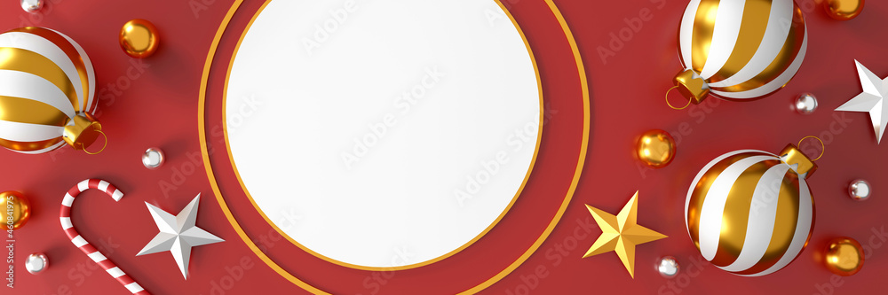 Christmas and happy new year decorations with a golden silver ball and golden star on red background. 3d illustration Christmas and happy new year decorations with a golden silver ball and golden star on red background. 3d illustration