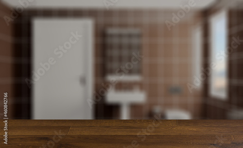 Background with empty table. Flooring. Modern bathroom including bath and sink. 3D rendering.