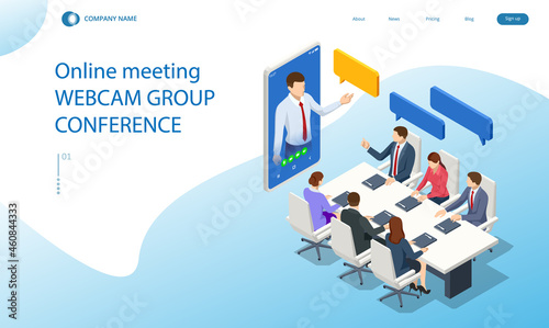 Isometric video conference. Online meeting work form home. Home office. Multiethnic business team.