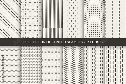 Collection of minimalistic striped seamless patterns. Beige endless linear textures. Repeatable unusual simple monochrome backgrounds