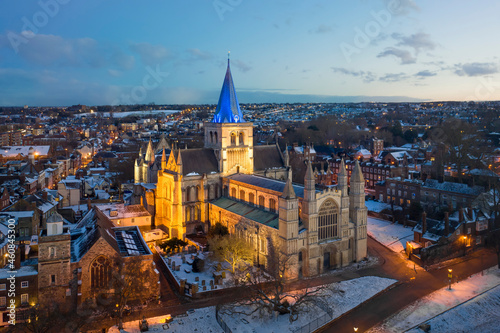 Aerial view of Rochester cathedral and snow covered historical Rochester at winter night.