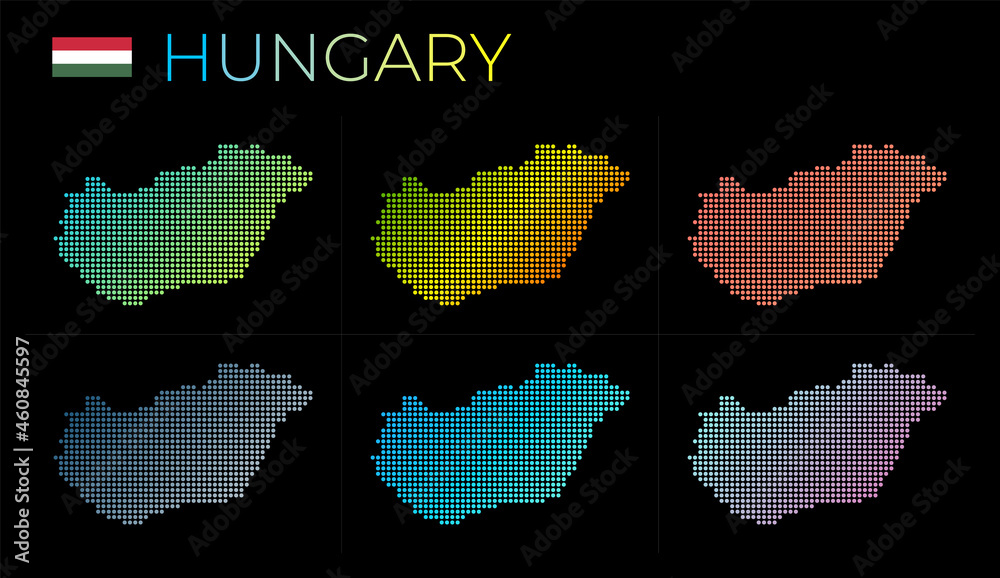 Fototapeta premium Hungary dotted map set. Map of Hungary in a dotted style. Borders of the country filled with beautiful smooth gradient circles. Charming vector illustration.