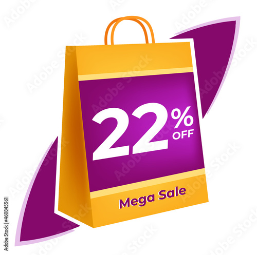 22 percent off. 3D Yellow shopping bag concept in white background.