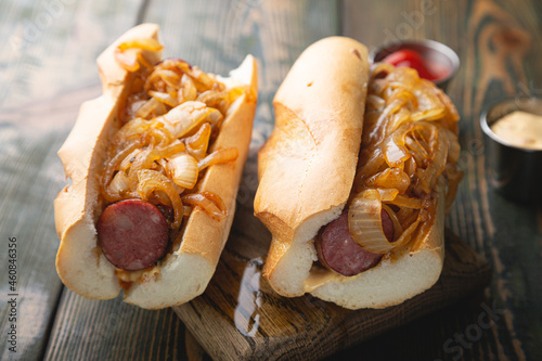 Hotdog with smoked sausage and fried onions