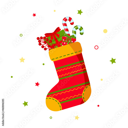 Red Christmas sock, knitted stocking with pattern, with gifts, sweets, cookies. Lollipop, candy, box with bow. Festive decoration, surprise. Christmas card. Vector illustration on white background