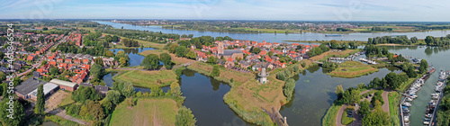 Aerial panorama from the historical city Woudrichem at the Merwede in the Netherlands