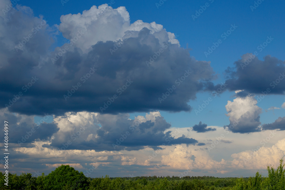 Beautiful summer high sky and trees below. Blue sky with white clouds and treetops Beautiful summer high sky and trees below. Blue sky with white clouds and treetops