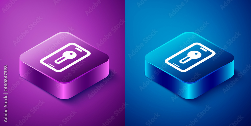 Isometric Smart key icon isolated on blue and purple background. Square button. Vector Isometric Smart key icon isolated on blue and purple background. Square button. Vector