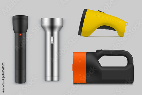 Realistic night flashlight set vector modern device for searching in dark electric lamps security
