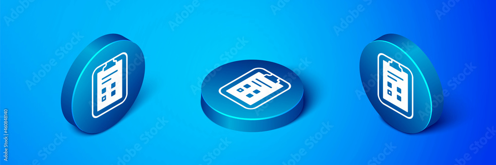 Isometric Exam sheet with check mark icon isolated on blue background. Test paper, exam, or survey concept. School test or exam. Blue circle button. Vector Isometric Exam sheet with check mark icon isolated on blue background. Test paper, exam, or survey concept. School test or exam. Blue circle button. Vector