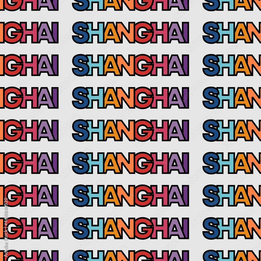 Seamless pattern of text shanghai city china in rainbow scheme colour on top of light background